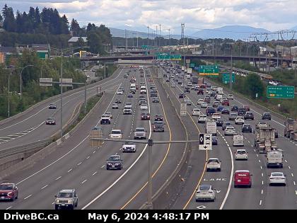 Hwy-1 in Coquitlam, east of the Brunette Ave overpass, looking west. (elevation: 5 metres) <div style='font-size:8pt;font-style:italic'> <br>View will change temporarily when operators monitor incidents and traffic flow. </div> Traffic Camera